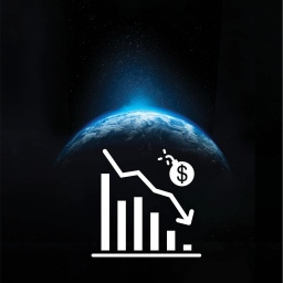 Icon Diagramm mit sinkendem Pfeil und Bombe mit Dollarzeichen | Blick auf den blauen Planeten Erde