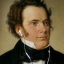 Montage: Franz Schubert mit Kopfhörern.