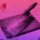 Illustration: WDR Hörspiel-Podcast "Dunkle Seelen": Ein Metzgermesser liegt auf einer Holzunterlage, das Foto ist dunkel lila-rot hinterlegt.