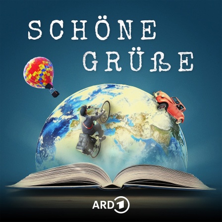 Offenes Buch mit Weltkugel, Fahrrad, Auto und Heißluftballon, Schriftzug: Schöne Grüße.