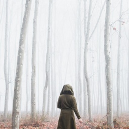 Von hinten ist eine Frau im Kapuzenmantel zu sehen, die durch einen Wald läuft.