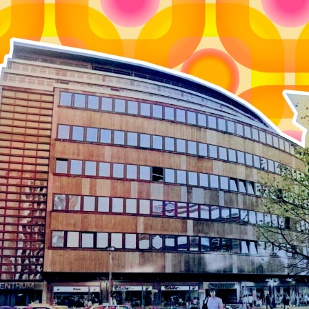 Das Centrum-Earenhaus in Chemnitz ist zu sehen. Sehr viele kleine Fenster reihen sich hier aneinander. Die Fassade ist schmutzig. Die Filiale ist ausgeschnitten und vor einen Hintergrund gelegt, der an eine Retro-Tapete aus den 70ern erinnert.