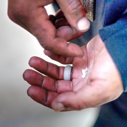 Eine obdachlose Person hält zerbröselte Fentanyl-Tabletten in der Hand. Nahaufnahme der Hände.