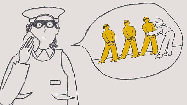 Zeichnung: Als Polizistin verkleidete Betrügerin, Sprechblase: Szene einer Verhaftung