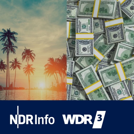 Ein Sonnenuntergang unter Palmen auf der linken Seite, Dollar-Bündel auf der rechten Seite - Logos von NDR Info und WDR 3