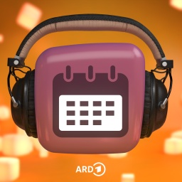 Kalender auf lia Würfel, der Kopfhörer trägt. Hintergrund orange