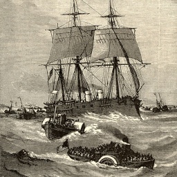 Zeichnung: Mehrer Schiffe fahren auf dem Meer.