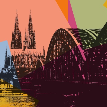 Panorama von Köln bunt hinterlegt.