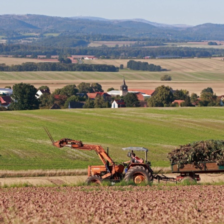 Ein Landwirt fährt mit einem Traktor eine Landstraße bei Epschenrode entlang.