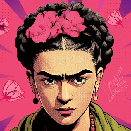 Zeichnung: Frida Kahlo schaut bestimmt, der Hintergrund ist pink.