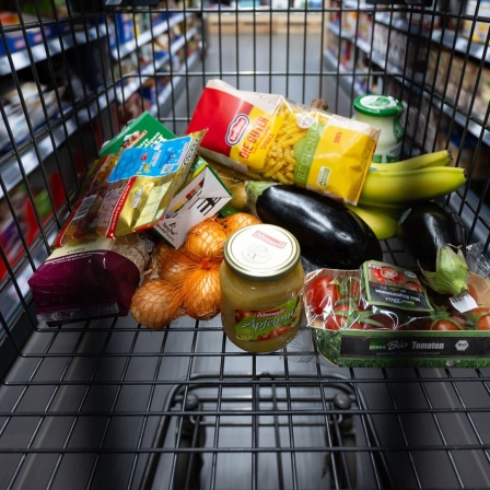 Verschiedene Lebensmittel liegen in einem Supermarkt in einem Einkaufswagen.