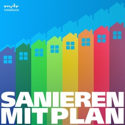 Podcast-Logo in den Farben des Energielabels mit der Aufschrift "Sanieren mit Plan"