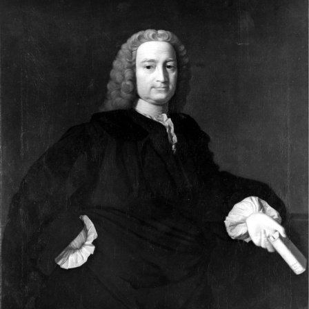 Ein Portrait-Gemälde aus dem 17. Jahrhundert zeigt den Philosophen Francis Hutcheson in ernster Pose, er trägt eine schwarze Robe.