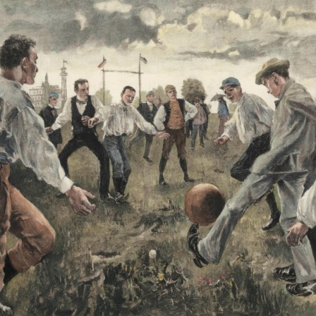 Fußballspieler im Februar 1894 beim Ersten Kongreß für Jugend und Ballspiele des Zentralausschusses für Förderung der Jugend und Volksspiele in Berlin. Holzstich nach Zeichnung von Werner Zehme aus der Leipziger Illustrierte Zeitung.