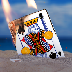 Brennende Spielkarte eines Pik-Königs, der ein Banjo in der Hand hält, steckt im Sand - Symbolbild für den SWR Podcast "Based on a True Story – Die Könige von Malle" Folge 4