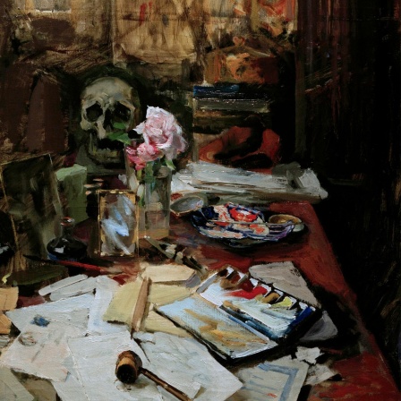 Gemälde 'Arbeitstisch in Paris' (1889) von Akseli Gallen-Kallela: Malutensilien, eine Pfeife, ein Totenschädel liegen auf einem Tisch.