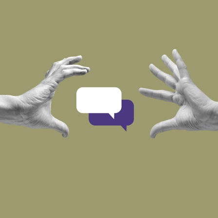 Collage: Zwei Hände in Schwarzweiß greifen nach zwei Sprechblasen, die an einen Onlinechat erinnern.