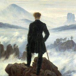 Ausschnitt des Geäldes "Wanderer über dem Nebelmeer" von Caspar David Friedrich, dass einen Menschen von hinten zeigt, der über eine neblige Hügellandschaft blickt.
