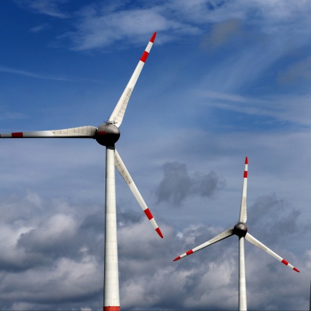 Windkraftanlagen sind vor einem bewölktem Himmel zu sehen. 