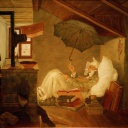 Bild des Künstlers Carl Spitzweg "Der arme Poet", 1837: Ein Mann liegt in einer ärmlichen Dachkammer im Bett mit einem darüber aufgespannten schwarzen Regenschirm. Um das Bett stapeln sich Bücher. 