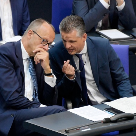 Friedrich Merz und Thorsten Frei in der 119. Sitzung des Deutschen Bundestages im Reichstagsgebäude.