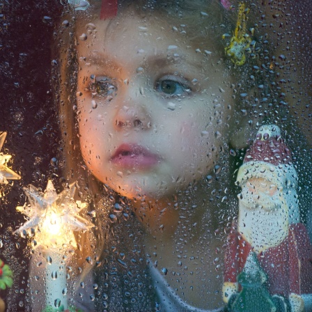 Ein Mädchen schaut aus einer vom Regen nassen Fensterscheibe.