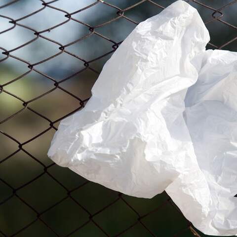 Eine Plastiktüte hängt an einem Maschendrahtzaun.