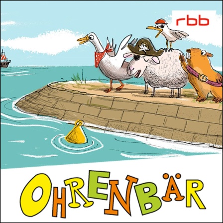 Bunte Zeichnung: Graugans, Schaf, Lachmöwe und Murmeltier auf einem Deich, im Hintergrund Meer und ein Schiff (Quelle: rbb/OHRENBÄR/Ariane Camus)