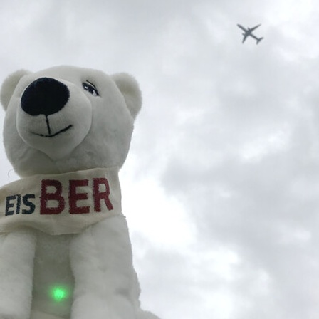 Netzbasteln #151: Ein Stofftier-Eisbär mit Aufschrift "EisBER" vor bewöltem Himmel, im Hintergrund fliegt ein Flugzeug vorbei