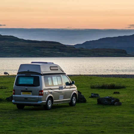 Im Abendlicht steht ein Campervan auf einer grünen Wiese zwischen Schafen direkt an einem idyllischen Platz am Meer. Grossbritannien.