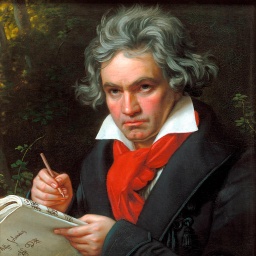 Gemaltes Porträt von Ludwig van Beethoven beim Komponieren. Der Komponist schaut grimmig, sein Haar liegt wild, er trägt einen leuchtend roten Schal.
