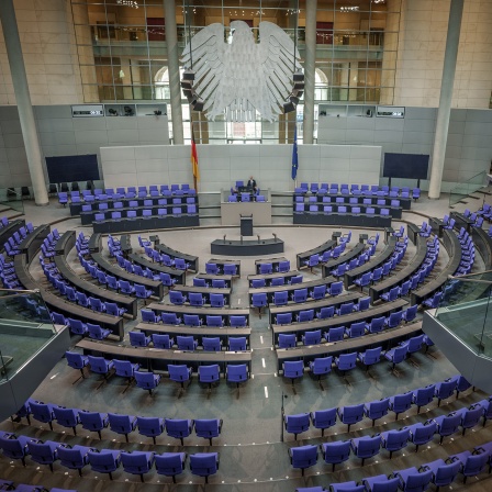 Blick in den leeren im Plenarsaal im Bundestag. Die Ampelkoalitionen will mit einer Wahlrechtsreform das Parlament künftige mit einer Höchstzahl an Abgeordneten in seiner Größe beschränken. © dpa/Michael Kappeler 