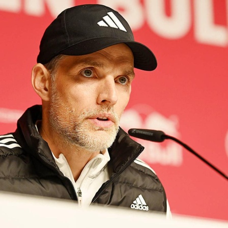Bayern Trainer Thomas Tcuhel auf der Pressekonferenz