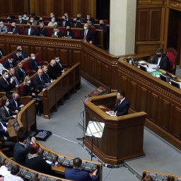 Der ukrainische Präsident Selensyj hält eine Rede in der Werchowna Rada, dem ukrainischen Parlament (2022).