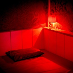 Blick in ein rot beleuchtetes Zimmer im Rotlichtviertel in Amsterdam.