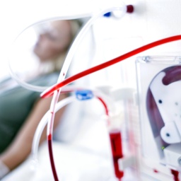 Eine Frau ist an eine Dialysemaschine angeschlossen. Schläuche und Maschine im Vordergrund sind scharf, die Frau im Hintergrund unscharf.