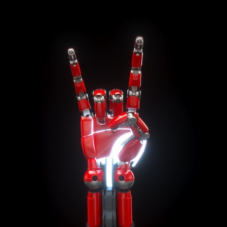 Ein digital generiertes Bild einer roten Roboter Hand, die mano cornuta zeigt, vor schwarzem Hintergrund.