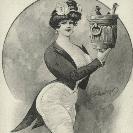 Nahrungs und Genußmittel: Alkohol / Sekt. Die Sektkellnerin. Lithographie (Postkarte), um 1900.