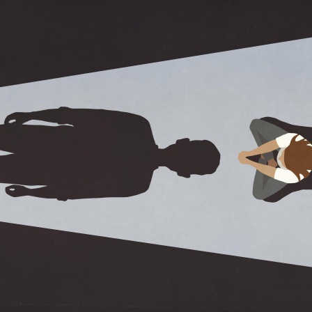 Illustration: Eine Frau im Schneidersitz wird von einem großen männlichen Schatten bedoht. 