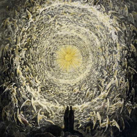 Holzstich nach Zeichnung von Gustave Doré (1832-1883), mit der Dartellung von Dante und Beatrice, die Gottes Angesicht in einem Tunnel aus Licht und Engeln erblicken.