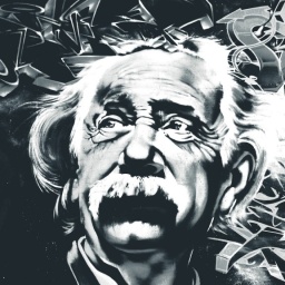 Ein schwarzweißes Graffiti von Albert Einstein