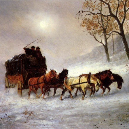 Gemälde von einer Kutsche, die von fünf Pferden auf schneebedeckte Berge gezogen wird. Auf dem Kutschbock sitzen zwei Männer, einer schwingt eine Peitsche. 