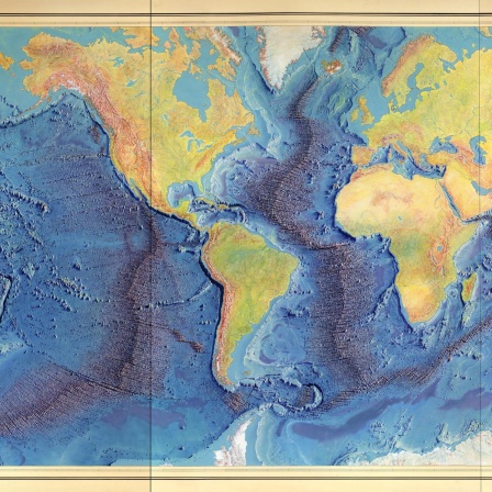 Manuscript painting of Heezen-Tharp &#034;World ocean floor&#034; map by Berann (um 1977): Das Relief wird durch Landformzeichnungen, Schattierungen und Farbverläufe dargestellt. Tiefen werden durch Landformzeichnungen, Schattierungen, Farbverläufe und Sondierungen angezeigt