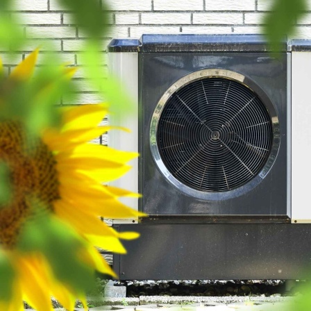 Fotomontage: Wärmepumpe mit Sonnenblumen davor (Bild: picture alliance/CHROMORANGE/Christian Ohde)