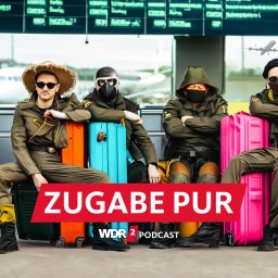 Satirische Bildmontage: Vier Wagner-Söldner sitzen am Flughafen auf bunten Koffern und warten auf den Abflug in den Urlaub