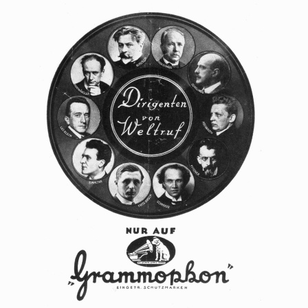 Plakat mit Porträts verschiedener Dirigenten mit Logo und Schriftzug "Grammophon"