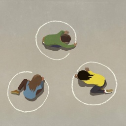 Illustrion zeigt drei Kinder, die mit Kreide Kreise um sich selbst ziehen zur sozialen Distanz.