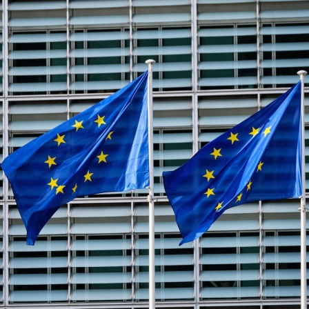 Drei europäische Flaggen stehen nebeneinander und wehen im Wind
