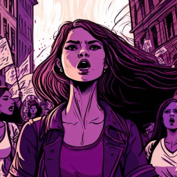 Lila eingefärbte Illustration von Frauen, die solidarisch und entschlossen für ihre Sache auf die Straße gehen