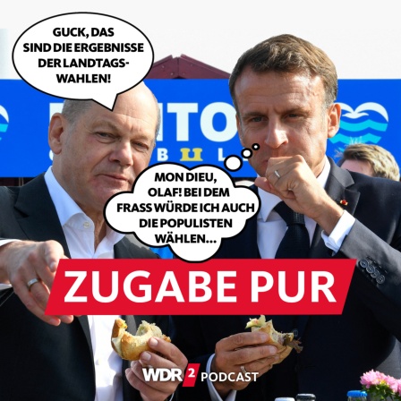 Satirische Foto-Montage: Olaf Scholz und Emmanuel Macron essen ein Fischbrötchen, Scholz sagt: "Das sind die Ergebnisse der Landtagswahlen" und Macron denkt: "Bei dem fraß würde ich auch die Populisten wählen"